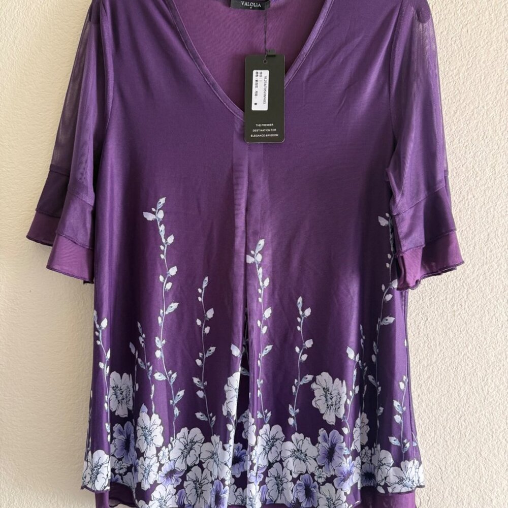 Valolia Women’s V Neck Blouse Double Layers Mesh, Purple, Size Medium